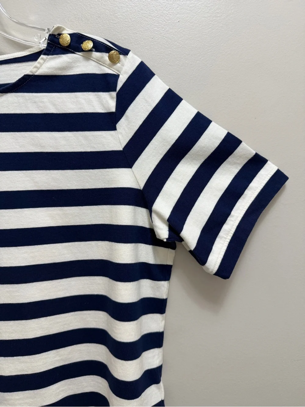 J. Crew Factory Striped Short Sleeve Top Gold Buttons Cotton Navy Blue Size L
